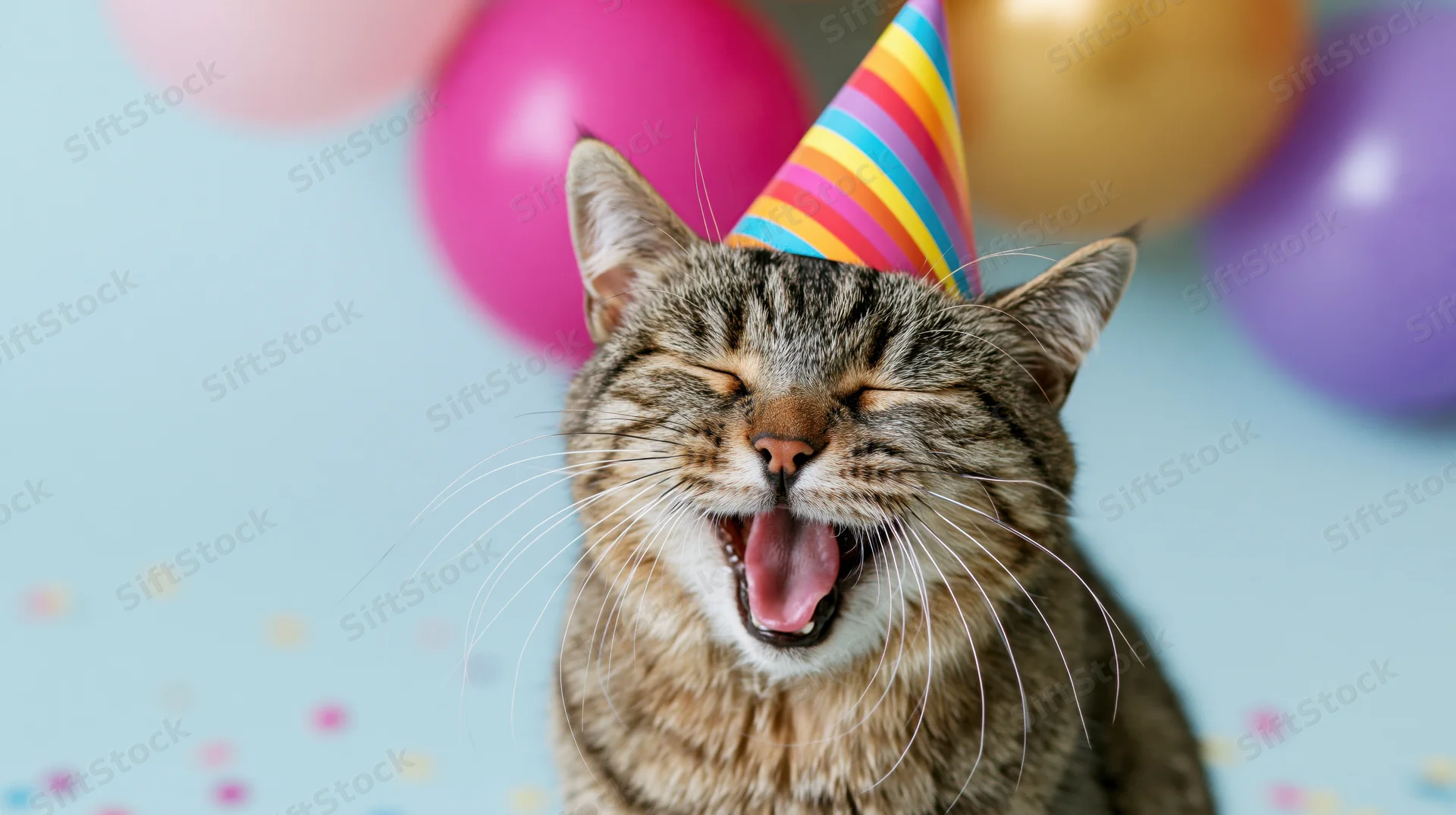 Tabby cat wearing colorful striped party hat with mouth open in front of balloons and confetti on blue background