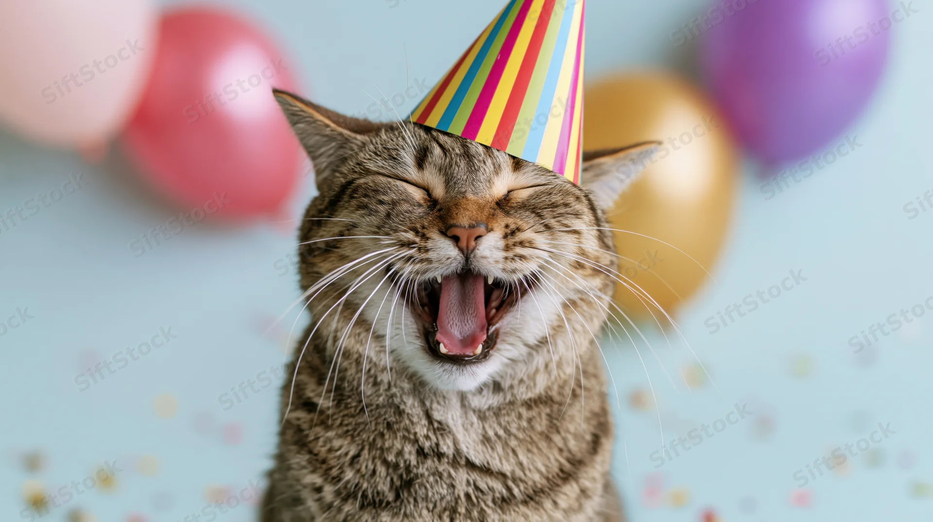 Tabby cat wearing a colorful striped party hat with mouth open in a yawn surrounded by balloons and confetti on a blue background