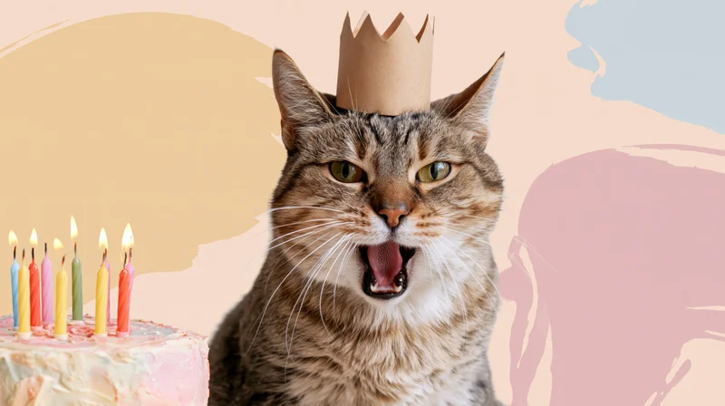Tabby cat wearing paper crown with open mouth beside birthday cake with lit candles on pastel background