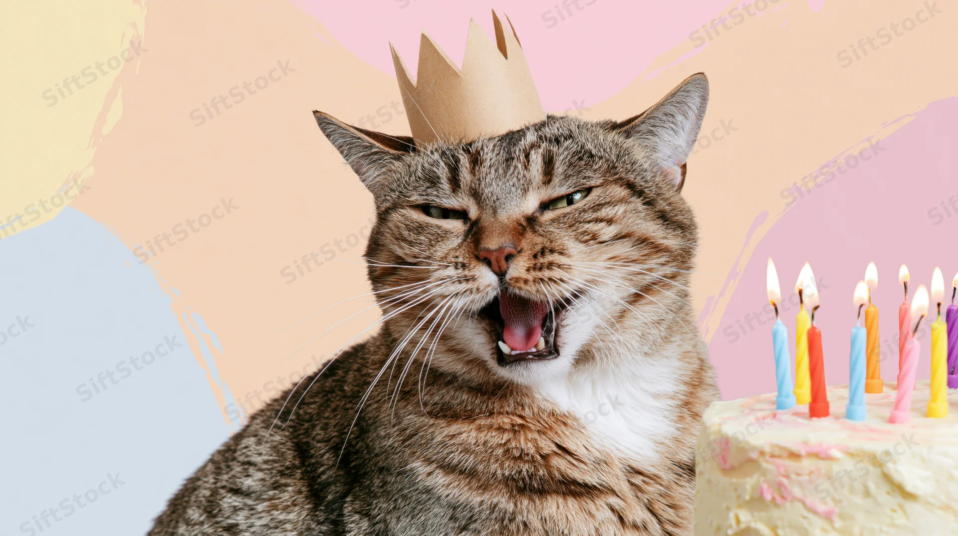 Tabby cat wearing paper crown with open mouth beside birthday cake