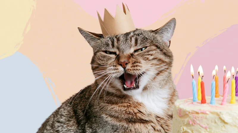 Tabby cat wearing paper crown with open mouth beside birthday cake