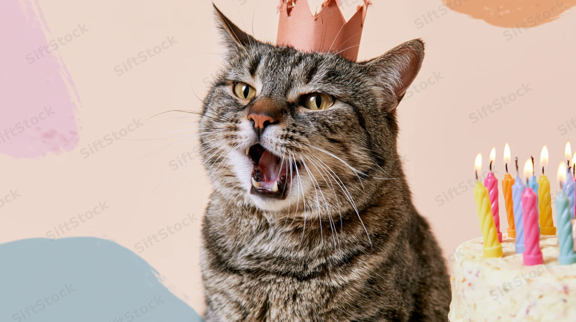 Tabby cat wearing paper crown with open mouth beside birthday cake with candles on pastel background