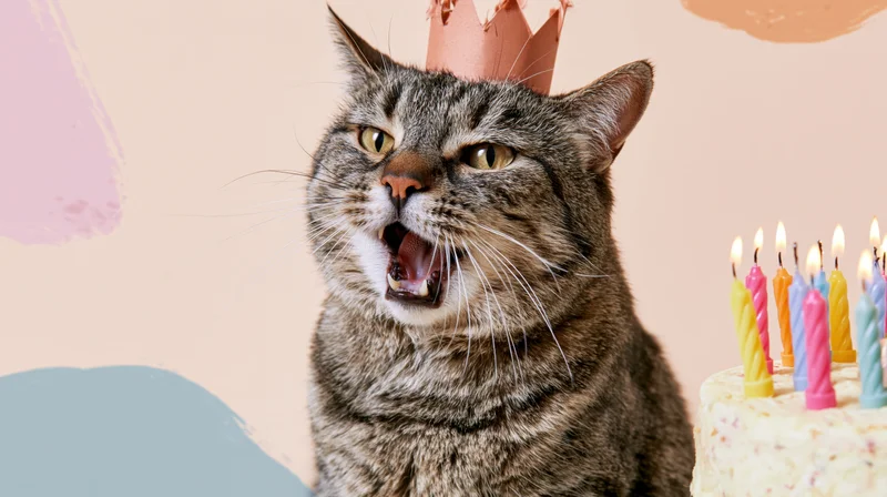 Tabby cat wearing paper crown with open mouth beside birthday cake with candles on pastel background