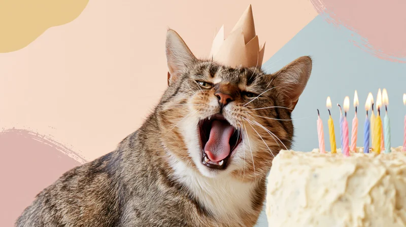 Tabby cat wearing paper crown yawning beside birthday cake with lit candles on pastel background