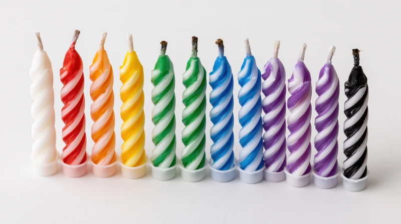 Ten unlit spiral-striped birthday candles arranged in a row on a white background