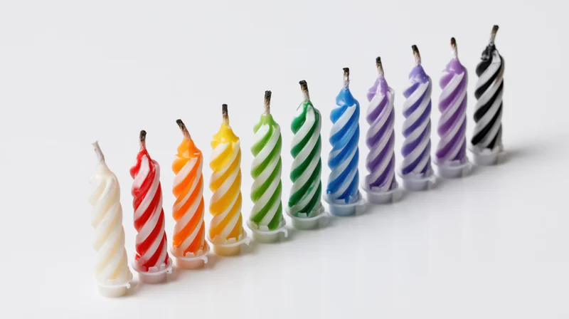 Ten unlit spiral-striped birthday candles arranged in a row on a white surface