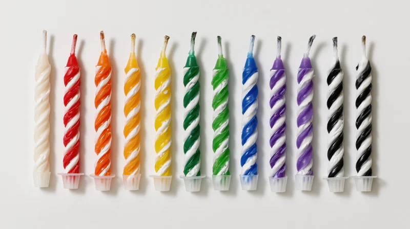 Ten unlit birthday candles with spiral stripes arranged in a row on white background