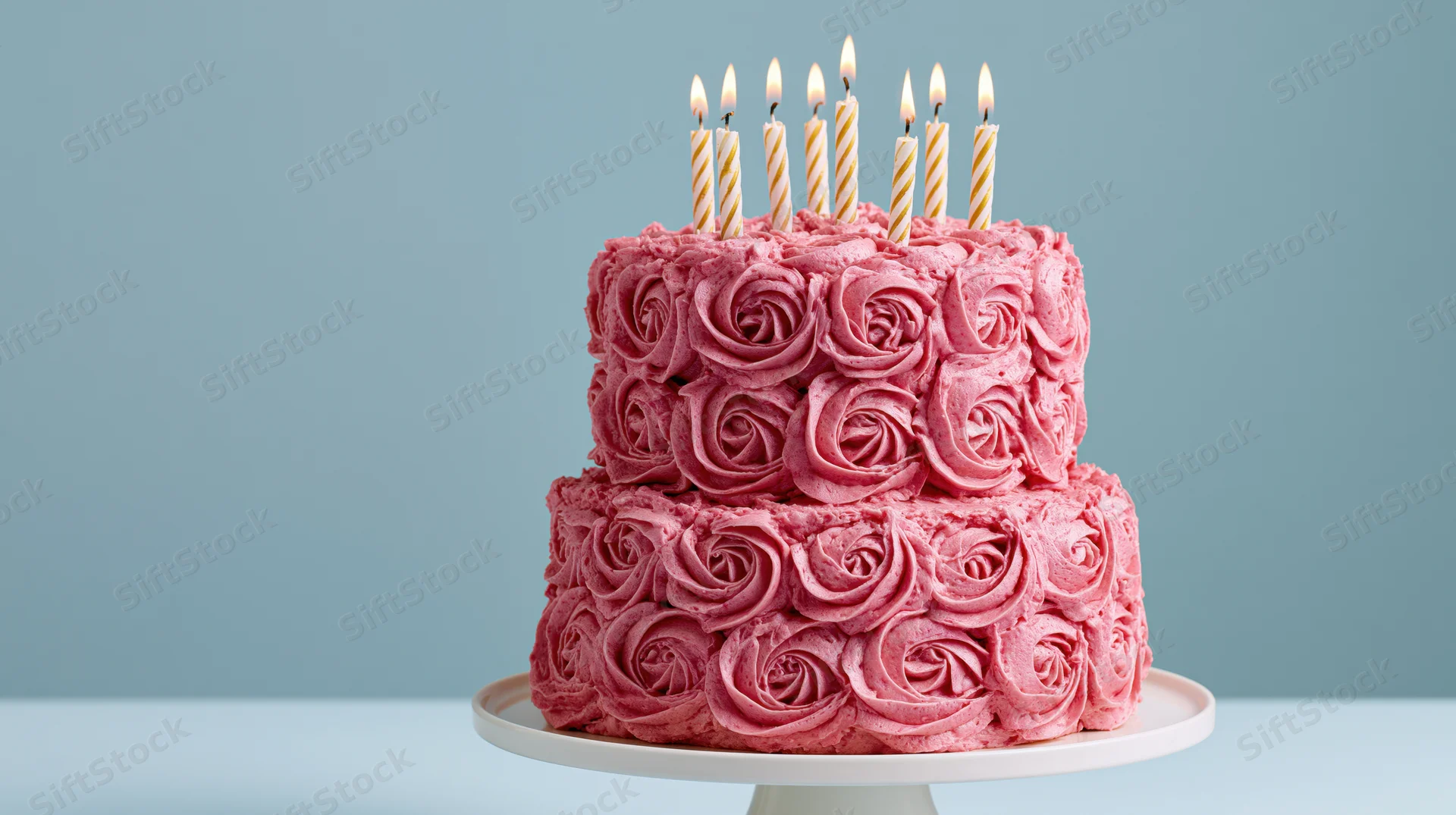 Two-tiered pink cake with rosette frosting and lit candles on a white stand against a blue background