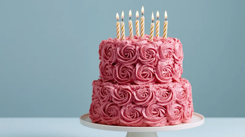 Two-tiered pink cake with rosette frosting and lit candles on a white stand against a blue background