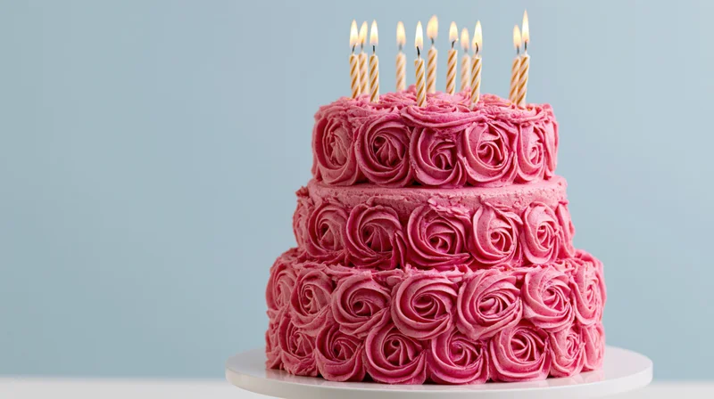 Three-tiered pink birthday cake with rosette frosting and lit candles on a white stand against a light blue background