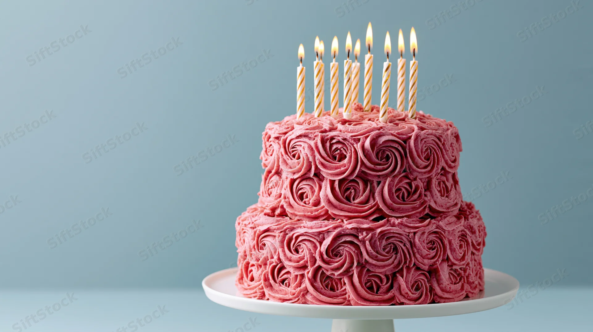 Two-tiered pink cake with rosette frosting and lit candles on a white stand against a blue background