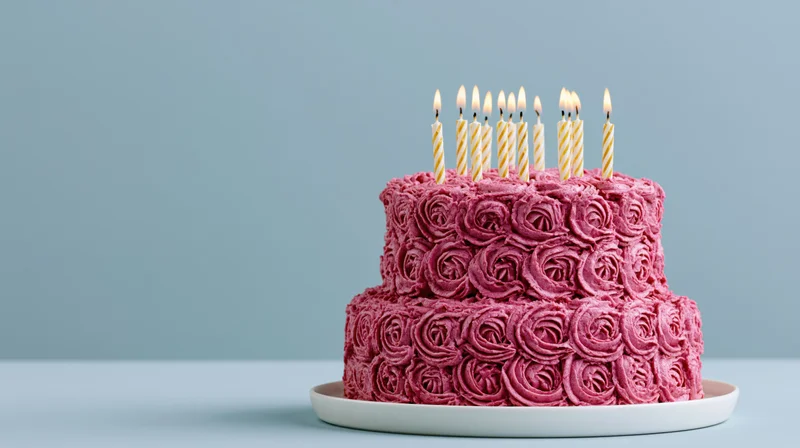 Two-tiered pink cake with rosette frosting and lit candles on a white plate against a blue background