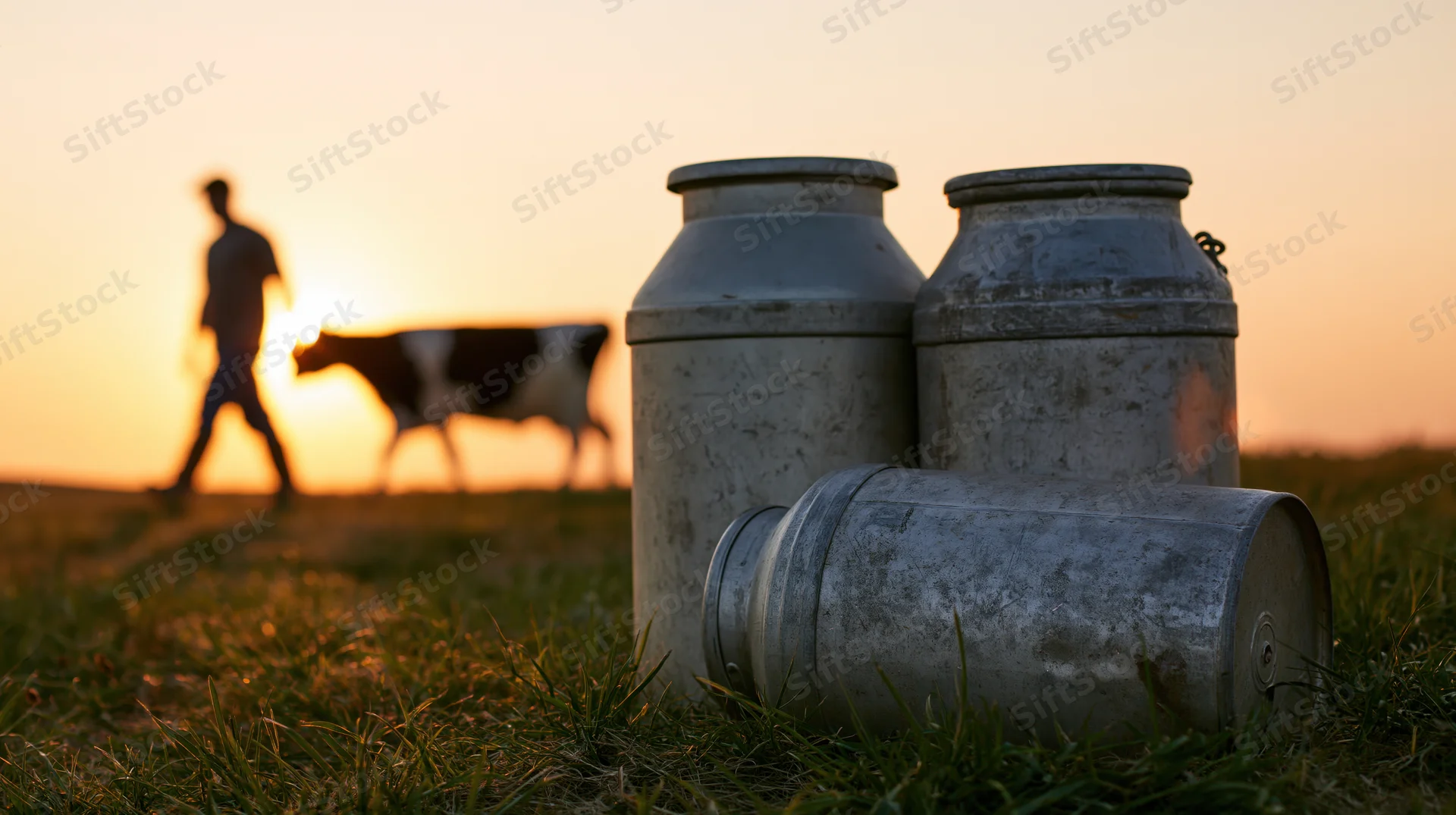 Three aluminum milk cans in grass with a silhouetted farmer and cow at sunset