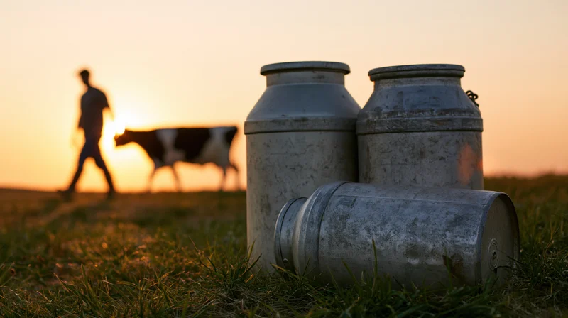 Three aluminum milk cans in grass with a silhouetted farmer and cow at sunset