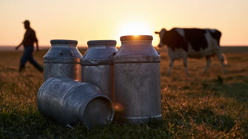 Aluminum milk cans arranged in grass with one tipped over, cow and farmer in field at sunset