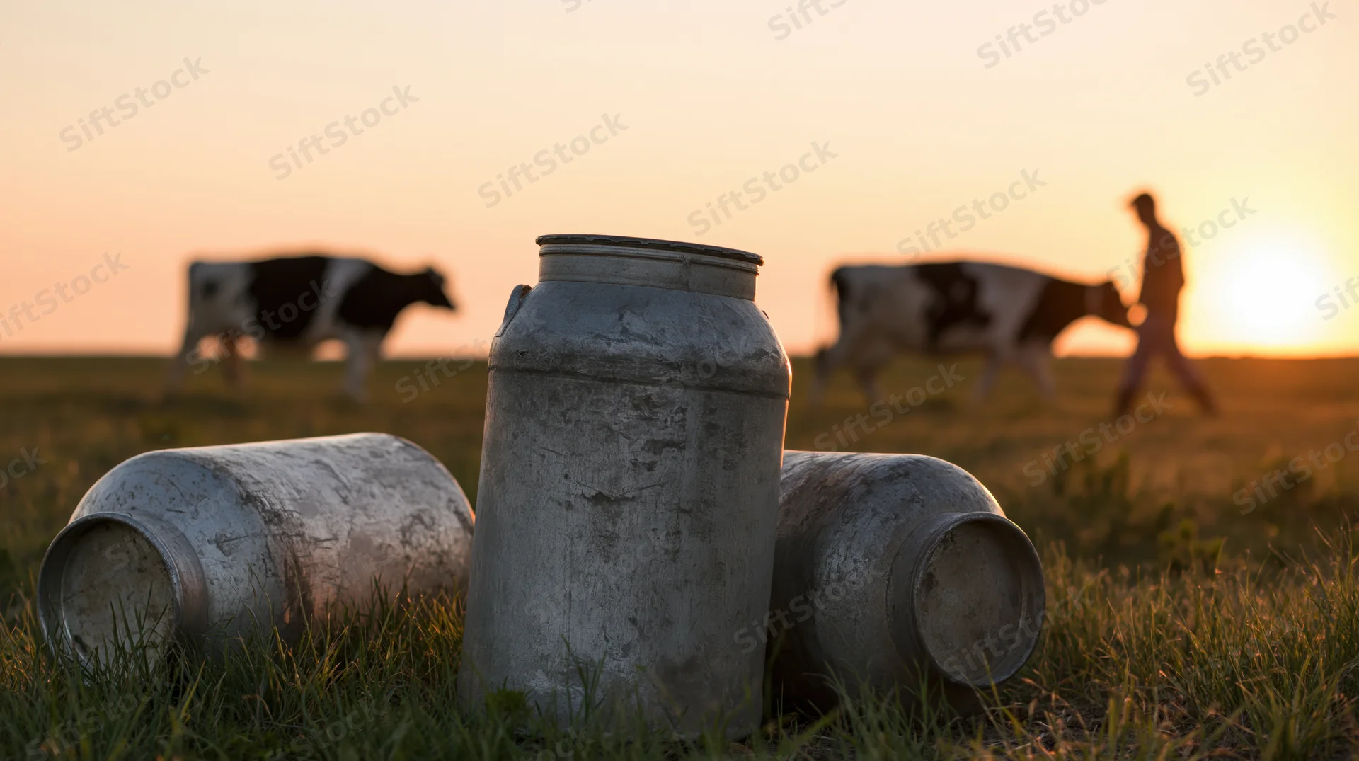 Three aluminum milk cans in grass with cows and a farmer silhouetted at sunset in a pasture