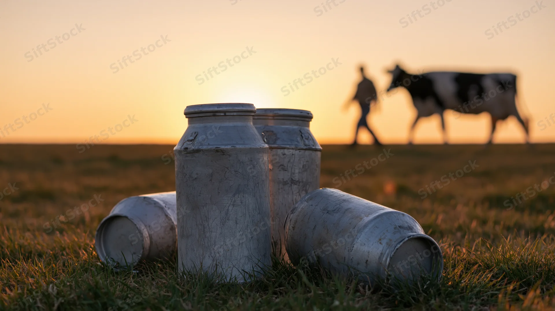 Aluminum milk cans in grass with silhouetted cow and farmer at sunset