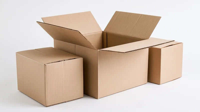 Three cardboard shipping boxes arranged together, one large open, two smaller closed, on white background