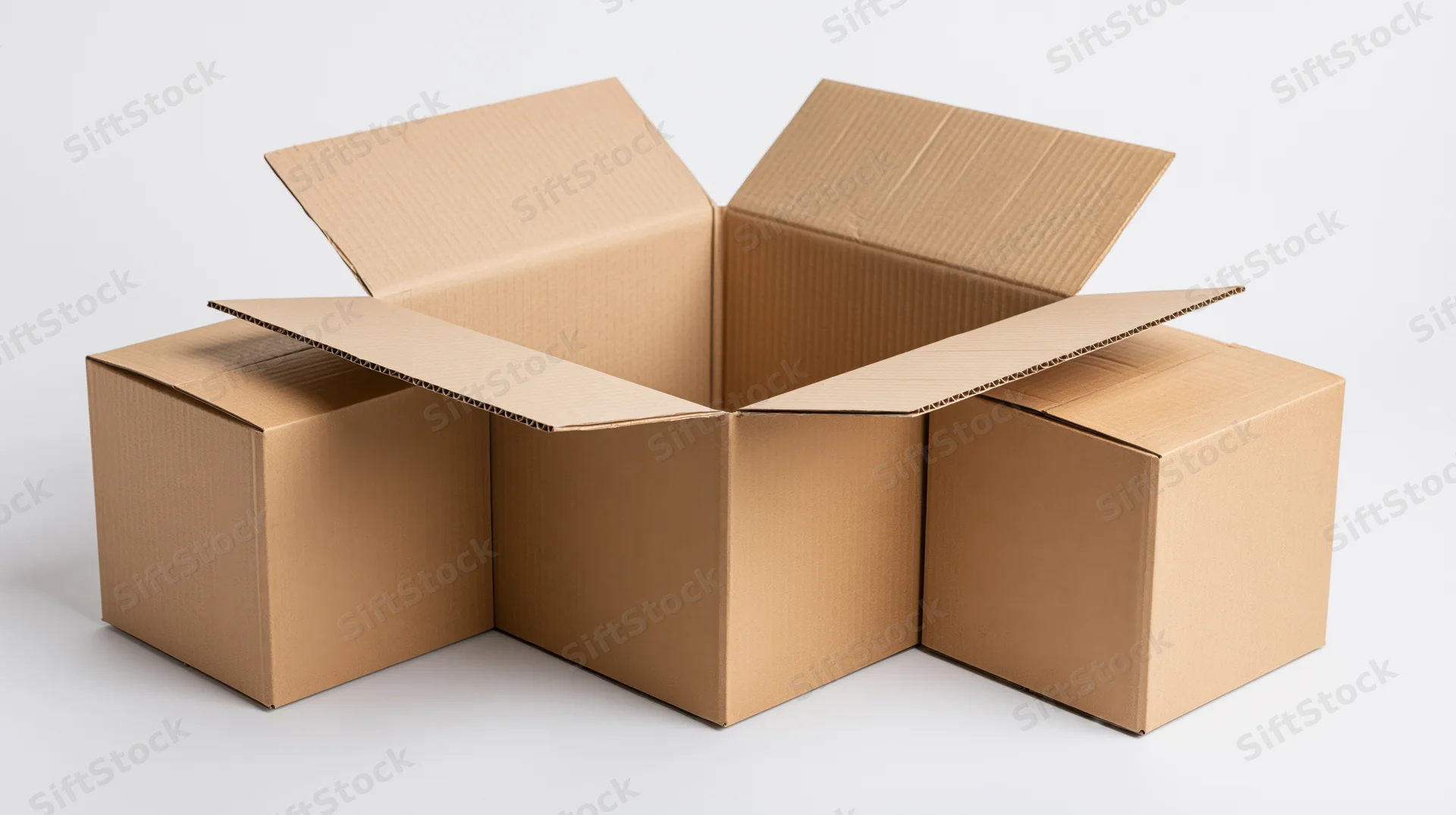 Three cardboard shipping boxes arranged together with one open and two closed on a white surface
