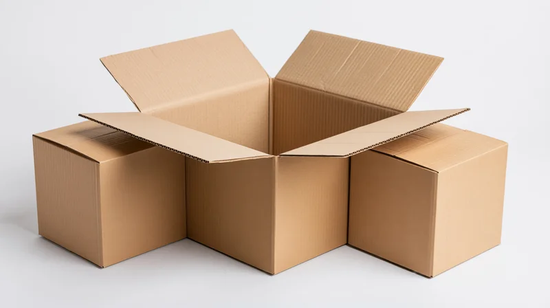 Three cardboard shipping boxes arranged together with one open and two closed on a white surface