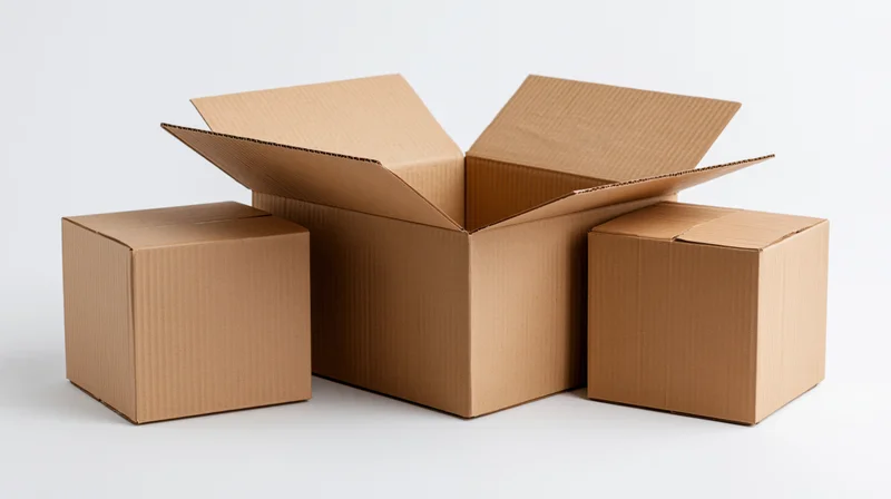 Three cardboard shipping boxes arranged together with one open and two closed on a white background