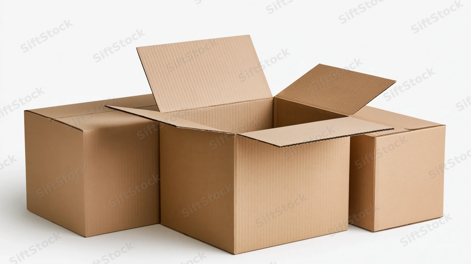 Three cardboard shipping boxes arranged together with one open on white background