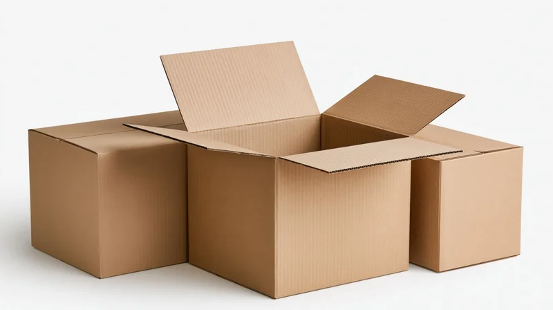 Three cardboard shipping boxes arranged together with one open on white background
