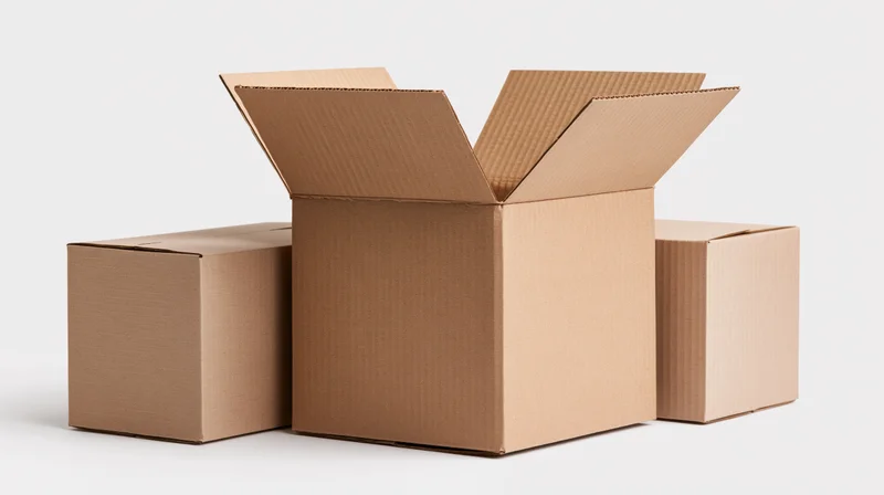 Three cardboard shipping boxes arranged together with one open and two closed on a plain white surface
