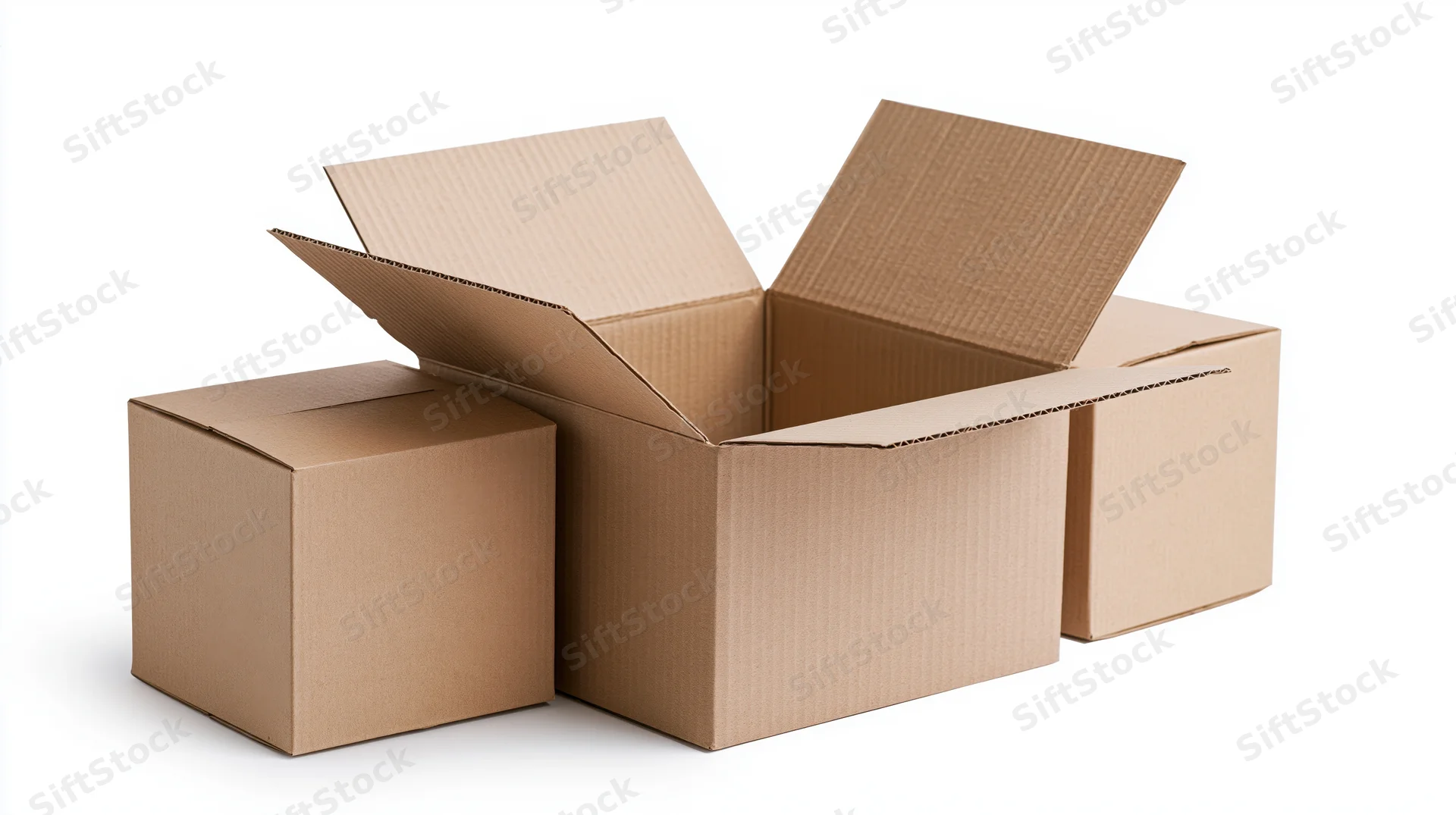 Three cardboard shipping boxes arranged together, one large open, two closed, on white background