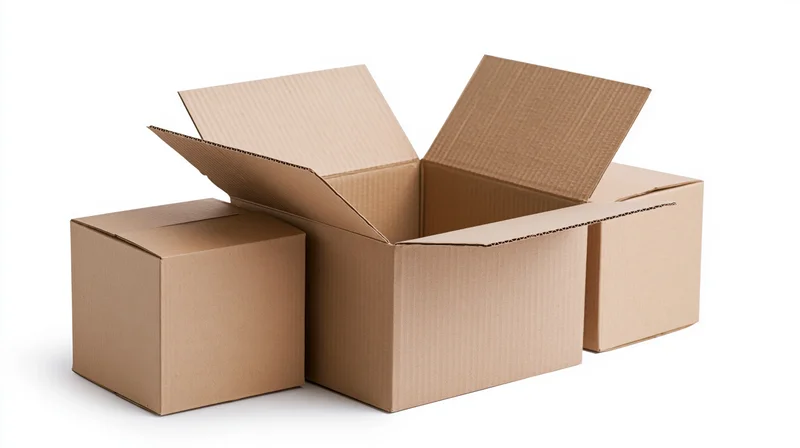 Three cardboard shipping boxes arranged together, one large open, two closed, on white background