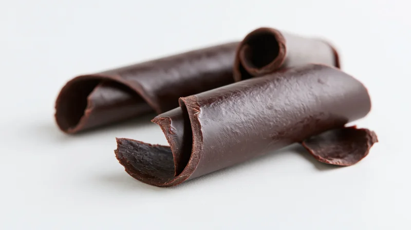 Dark chocolate curls arranged on a white surface