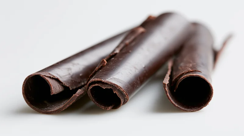 Dark chocolate curls resting on a white surface