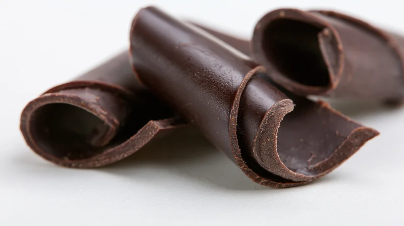Dark chocolate curls resting on a white surface