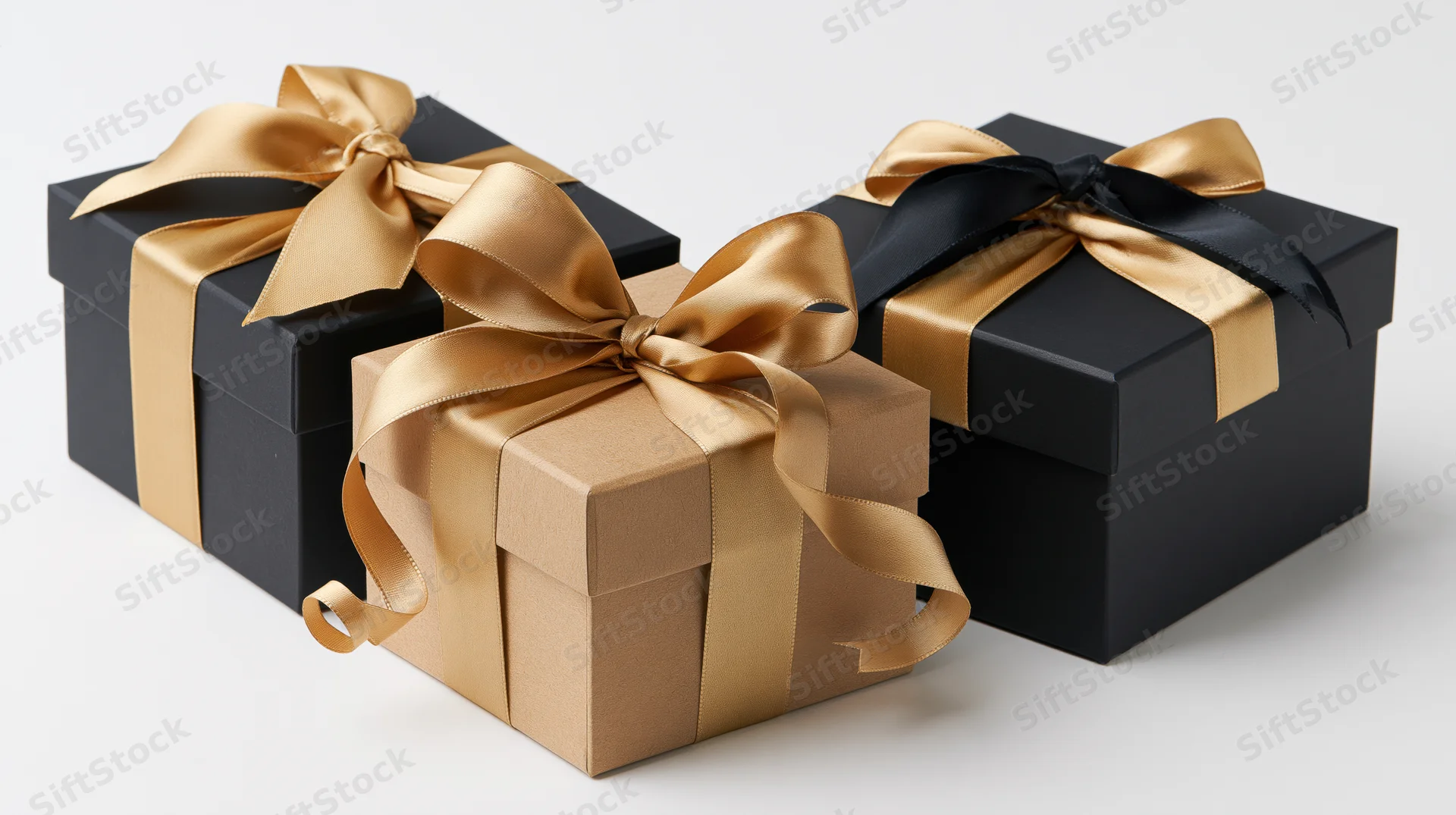 Three gift boxes wrapped in black and gold ribbon arranged on a white surface