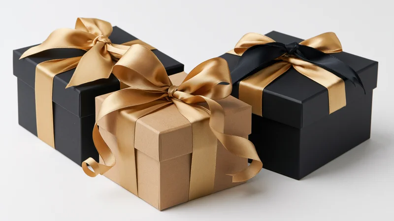 Three gift boxes wrapped in black and gold ribbon arranged on a white surface