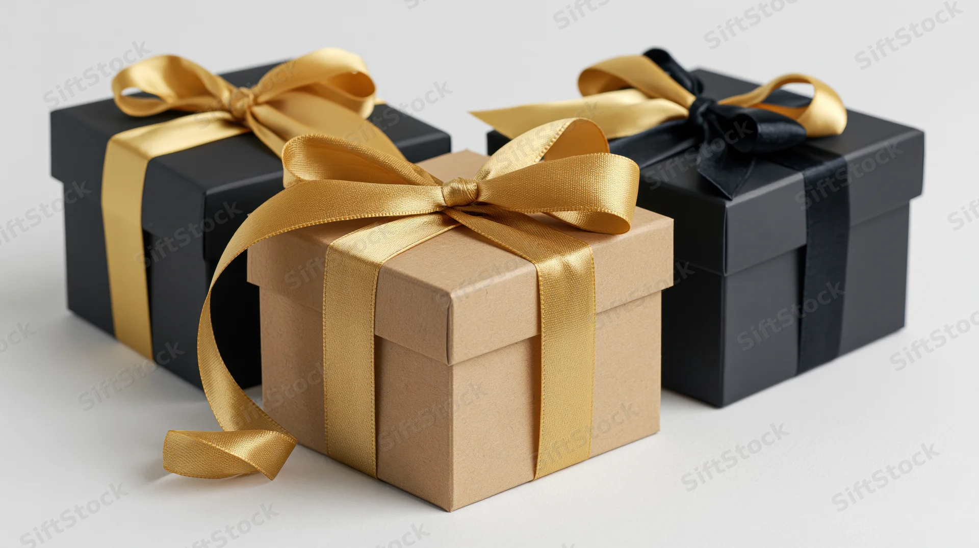 Three gift boxes with gold and black ribbons arranged on a white surface