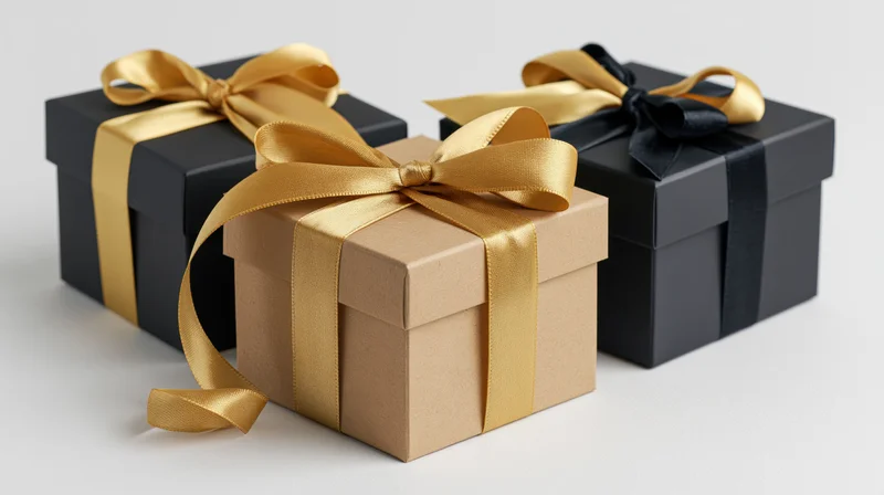 Three gift boxes with gold and black ribbons arranged on a white surface