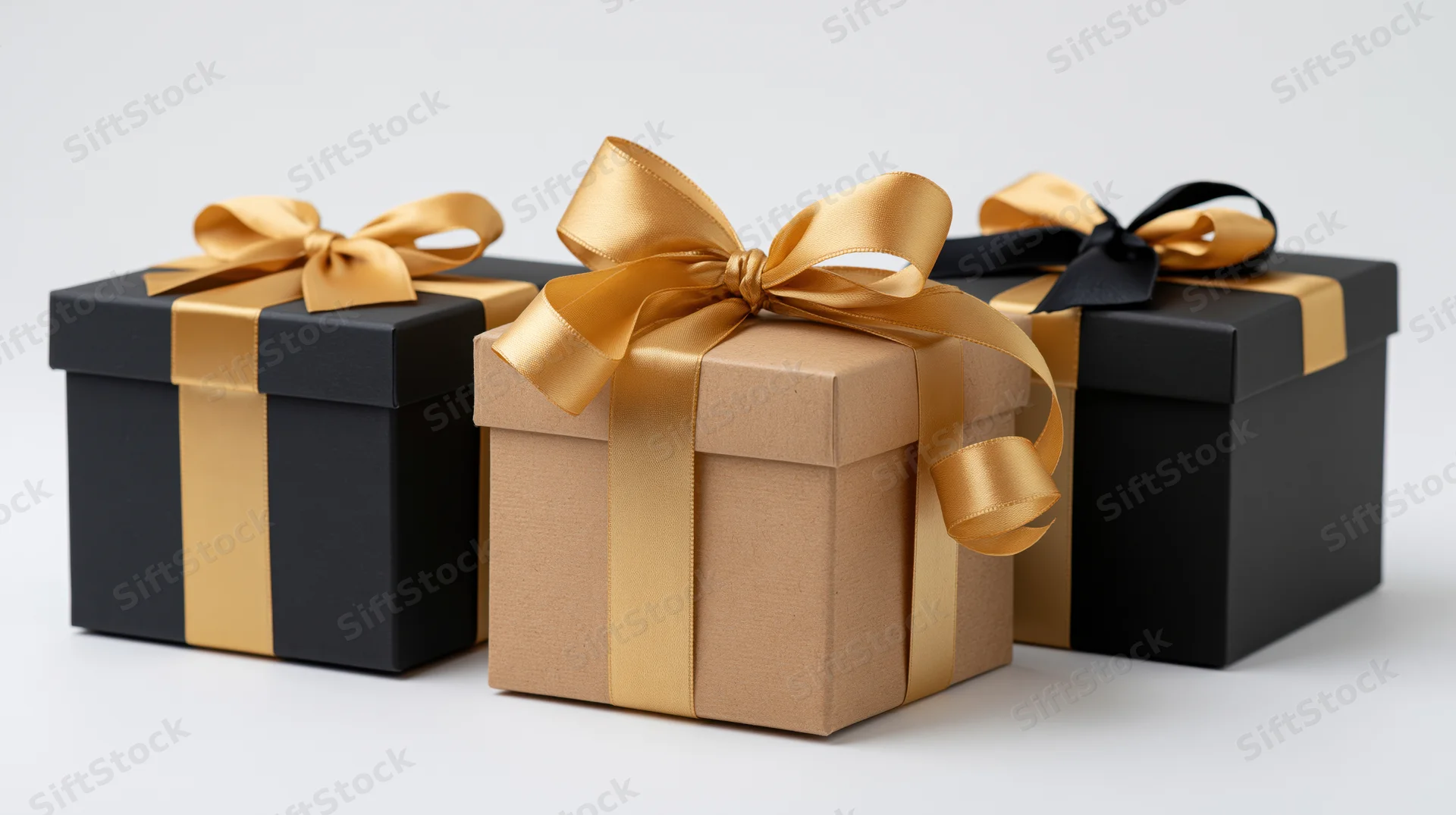 Three gift boxes with gold and black ribbons arranged on a white surface