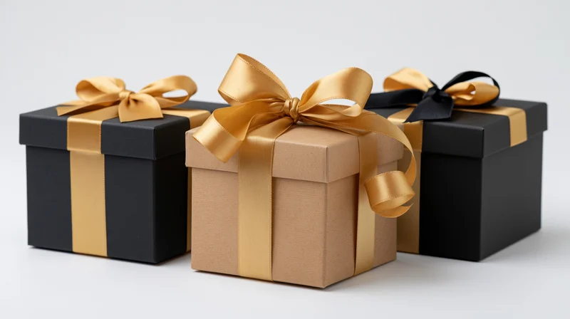 Three gift boxes with gold and black ribbons arranged on a white surface