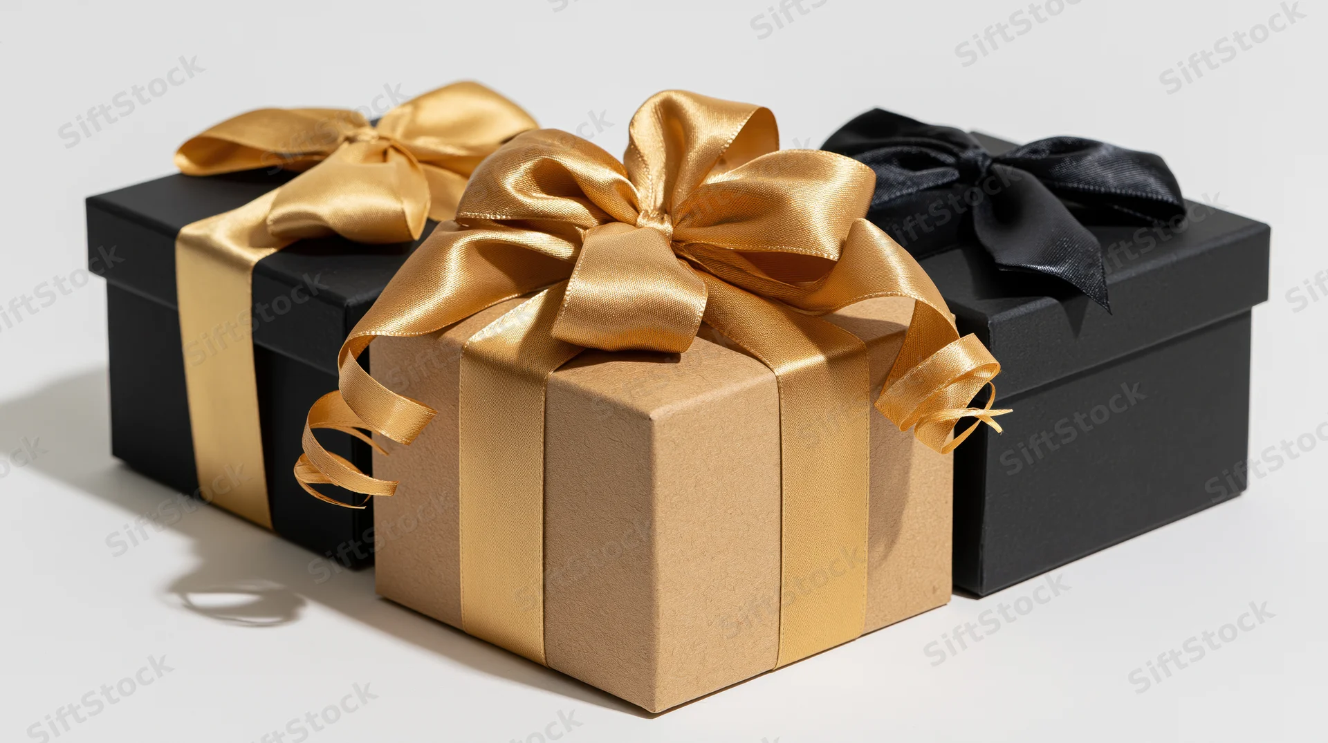 Three gift boxes wrapped in gold and black ribbons on a white surface