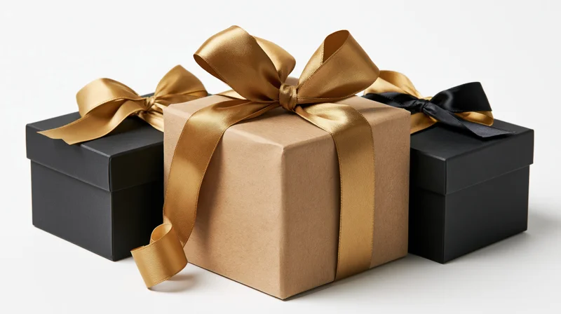 Three gift boxes wrapped in paper and satin ribbons on a white background