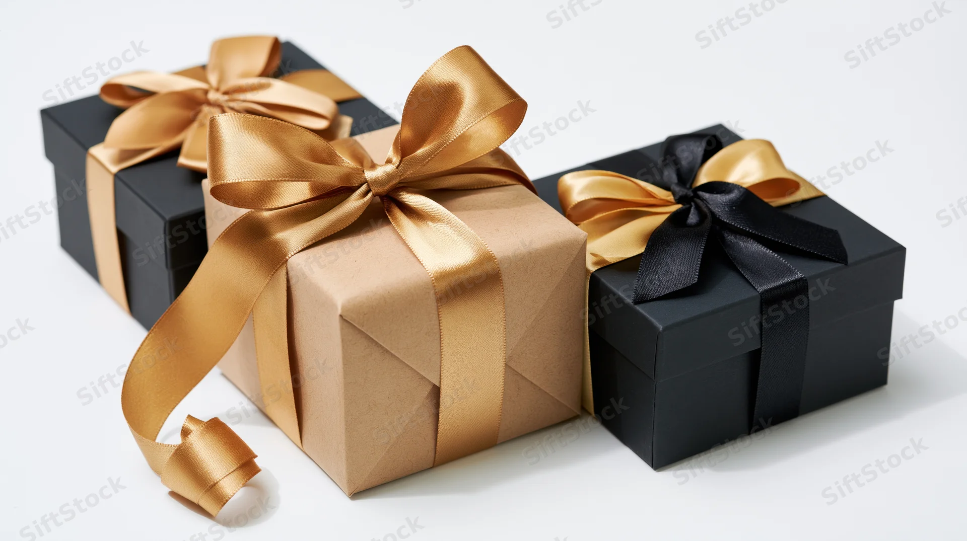 Three gift boxes wrapped in gold and black ribbons on a white background
