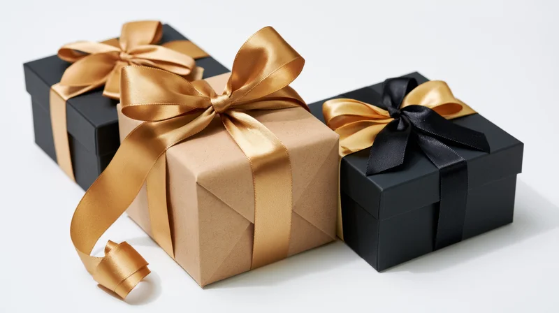 Three gift boxes wrapped in gold and black ribbons on a white background