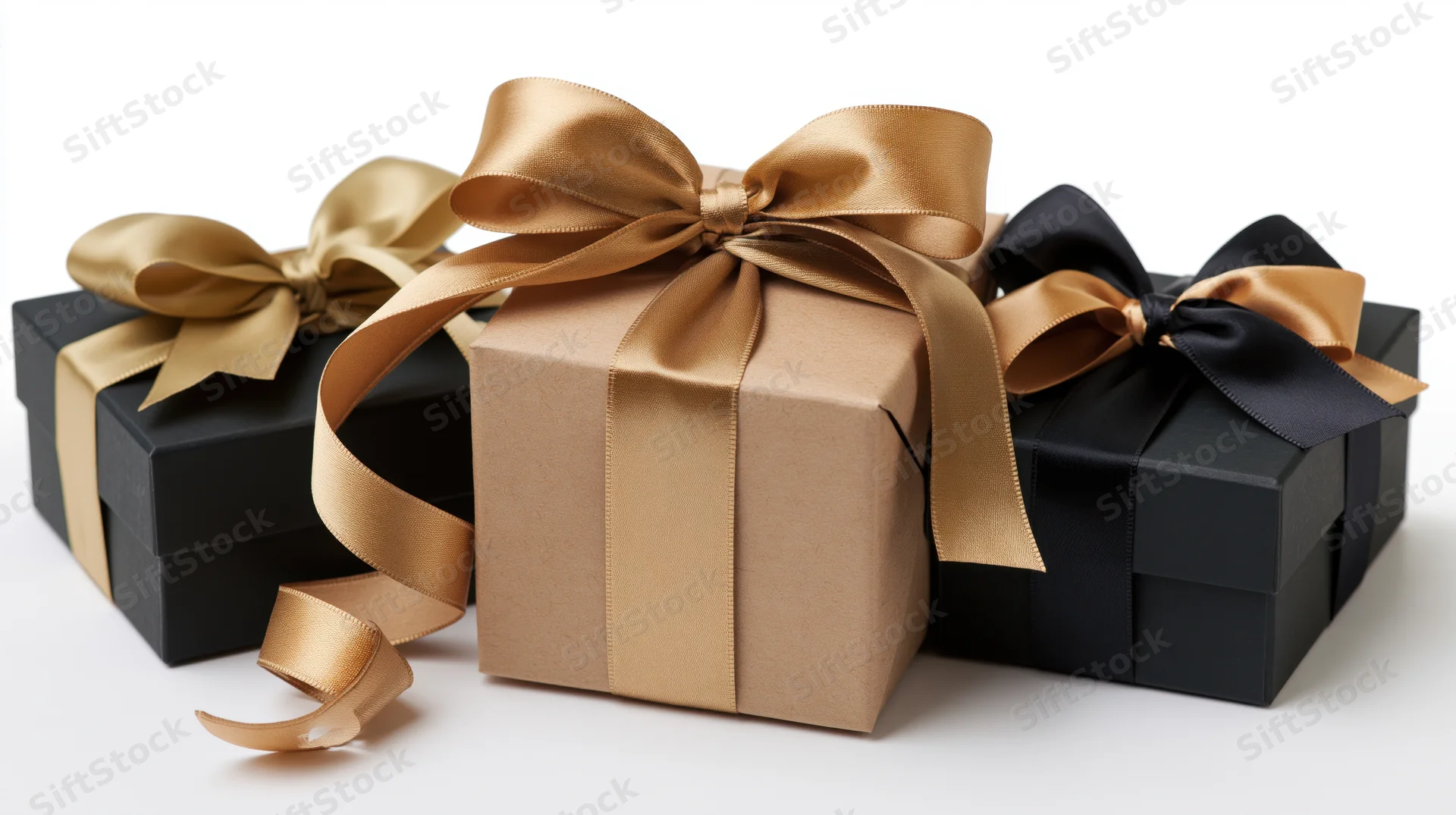 Three gift boxes wrapped in black and gold satin ribbon arranged on a white background