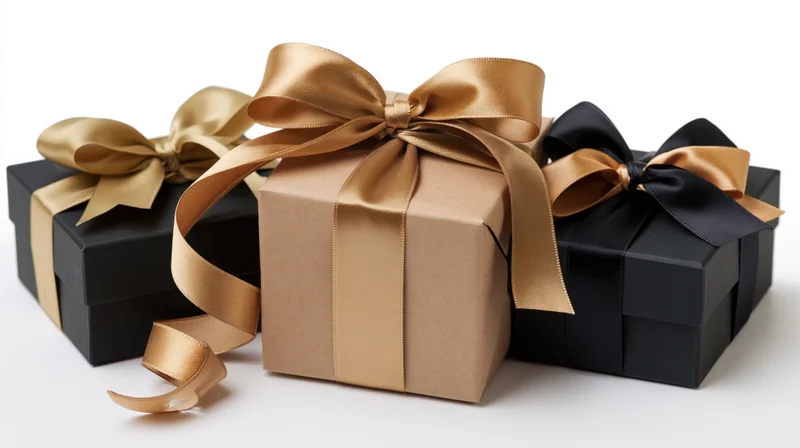 Three gift boxes wrapped in black and gold satin ribbon arranged on a white background