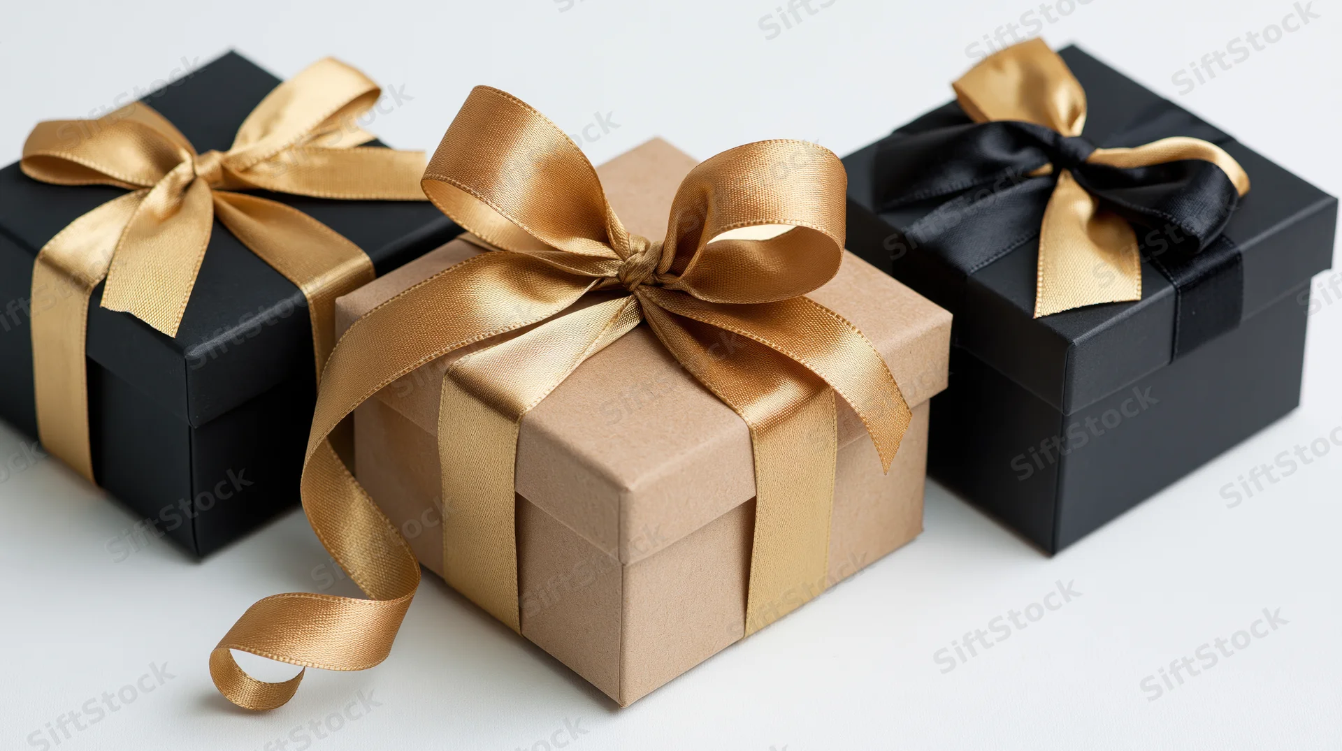 Three gift boxes with gold and black ribbons arranged on a white surface