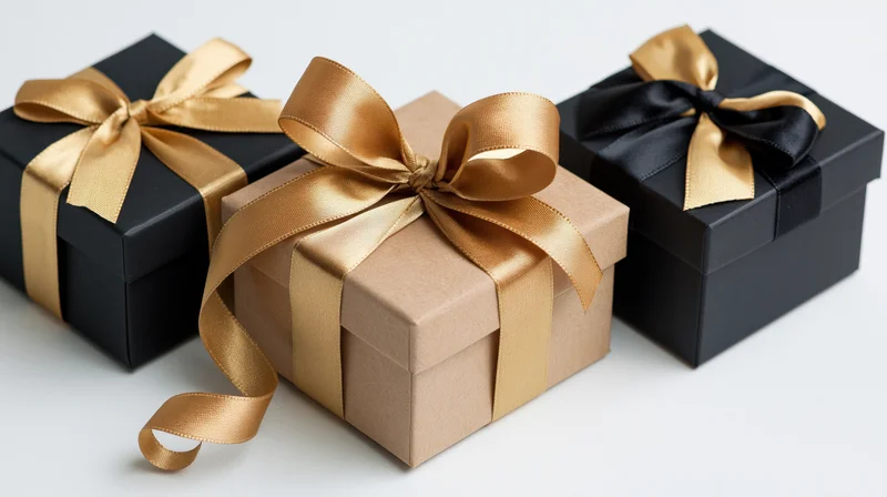 Three gift boxes with gold and black ribbons arranged on a white surface