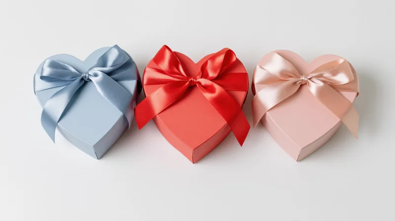 Three heart-shaped gift boxes with satin ribbons arranged in a row on white background