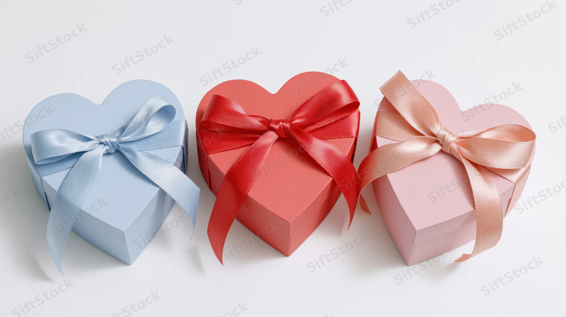 Three heart-shaped gift boxes with satin ribbons arranged in a row on white background