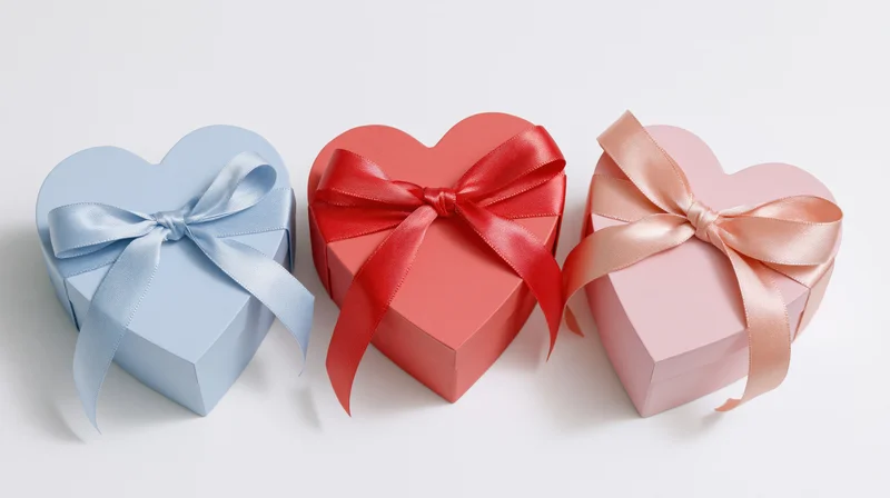Three heart-shaped gift boxes with satin ribbons arranged in a row on white background